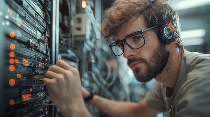 A focused technician in glasses works on a server rack, adjusting connections and wearing headphones in a high-tech environment.