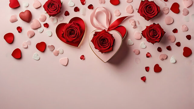 Top view Valentine's Day reveals gift box, red roses, and heart-shaped confetti on pastel pink setting perfect tableau for your heartfelt sentiments in stock photo. - Powered by Adobe