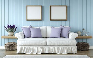 Fototapeta premium Coastal living room, white sofa, lavender, blue wall, relaxed atmosphere, home decor.