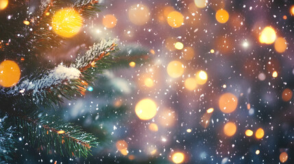 Obraz premium Merry Christmas and happy new year background, Close up, Elegant Christmas tree on blurred Snowfall and glow light bokeh background, copy space for text advertising