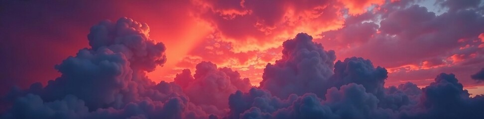 Obraz premium Towering clouds reflect deep crimson hues in the fading light, crimson, rich
