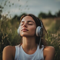 Peaceful woman listening to music outdoors.