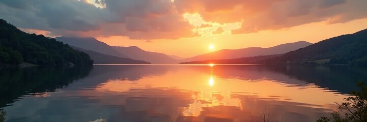 Naklejka premium A serene lake scene during sunset with thin clouds and golden light, nature, lake