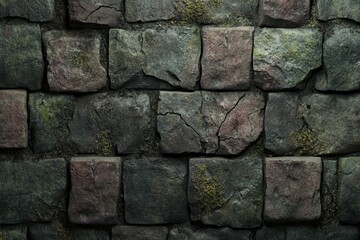 Obraz premium Dark, mossy stone wall texture.
