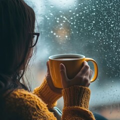 Woman enjoying warm drink by rainy window.