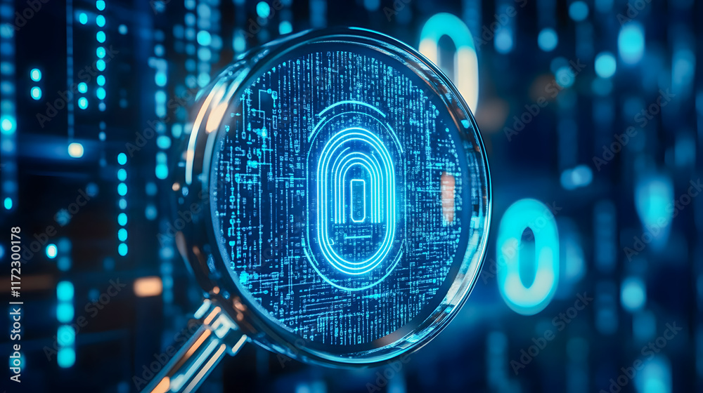 Poster close-up of a magnifying glass focusing on a digital fingerprint symbol against a backdrop of glowin