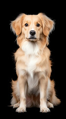 Golden dog sitting, studio shot, black background, pet portrait, ideal for website or print.