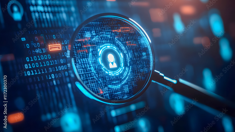 Poster digital magnifying glass over binary code and circular user icon signifying cybersecurity and data p