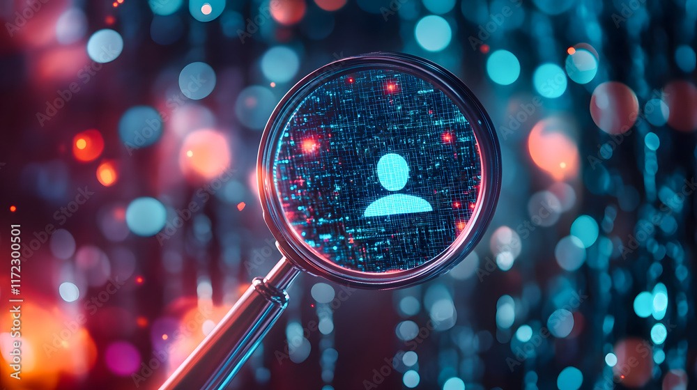 Poster futuristic digital magnifying glass revealing user profile data in abstract technology background wi
