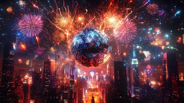 Iconic New Year&rsquo;s Eve ball drop surrounded by colorful fireworks over a city skyline