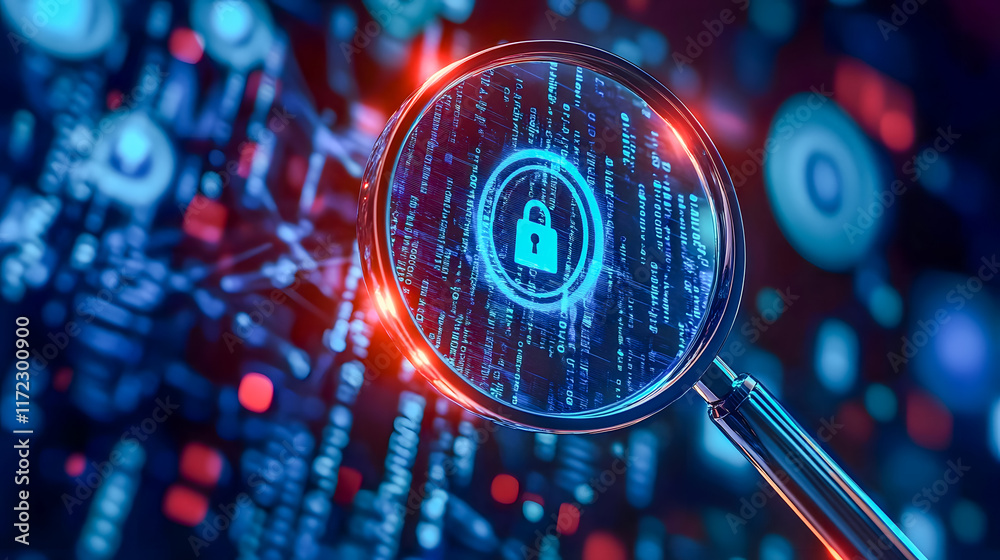 Poster digital security concept with magnifying glass focusing on lock symbol over binary data background f
