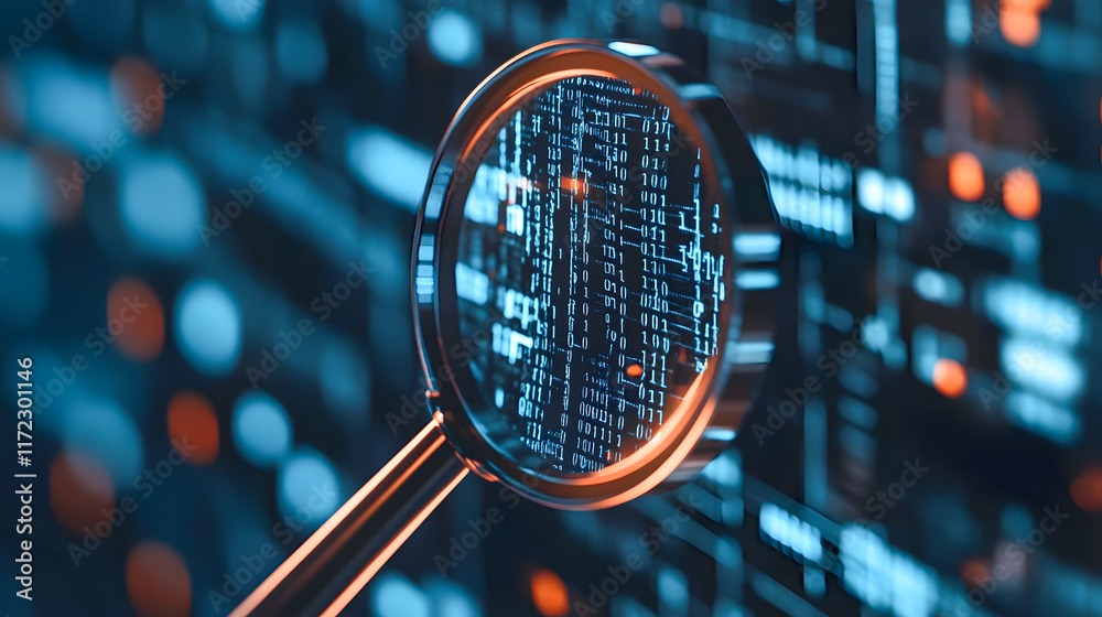 Poster close-up of magnifying glass over digital data pattern with binary code and neon lights in futuristi