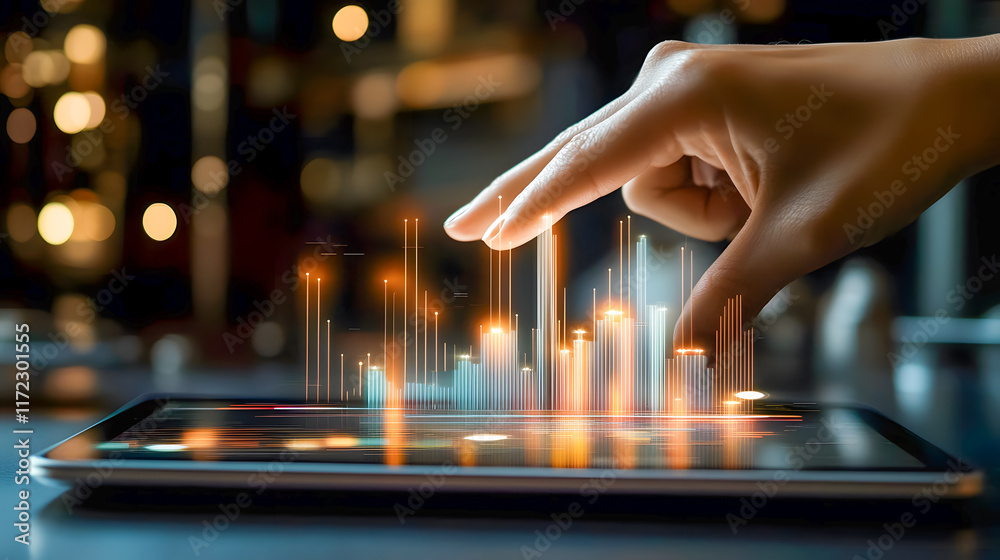 Poster hand interacting with digital interface displaying colorful bar graphs and data visualizations on ta