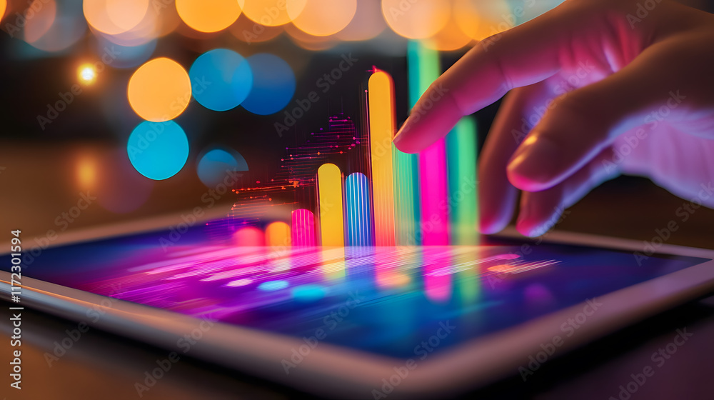 Poster vibrant digital analytics display on tablet with colorful graphs and blurred backdrop of bokeh light