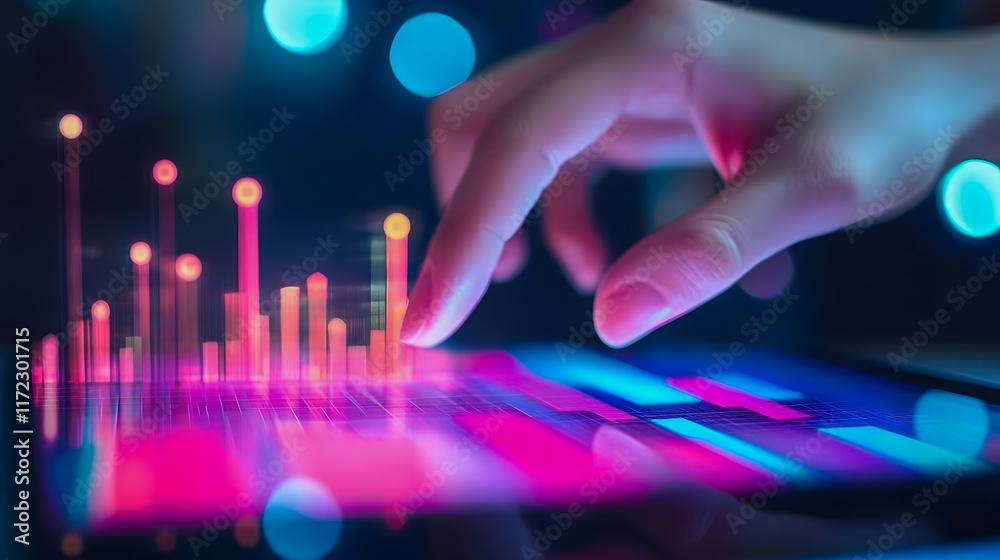 Poster hand interacting with digital tablet displaying colorful data visualization and graphs in a modern t
