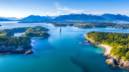 Naklejka premium Aerial view of serene coastal islands, mountains, and turquoise waters; perfect for travel brochures or nature documentaries.