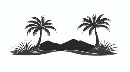 Tropical island silhouette two palm trees, mountains, and grass against a white background; ideal for travel brochures.