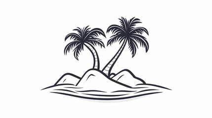 Tropical island paradise Two palm trees on a small sandy island, surrounded by calm ocean water. Ideal for travel brochures or vacation websites.