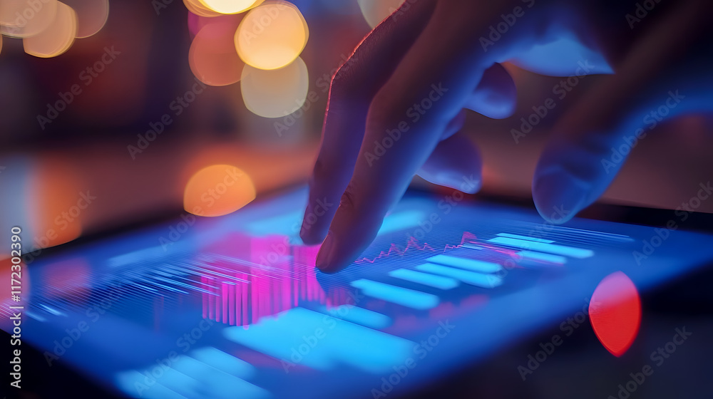 Poster close-up view of a hand interacting with a digital tablet displaying colorful data visualization and
