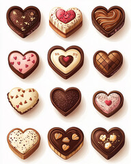 A delightful collection of Valentine's Day treats, featuring a heart-shaped chocolate box and cookies. The flat design and cute cartoon style make this set perfect for festive themes and graphics.
