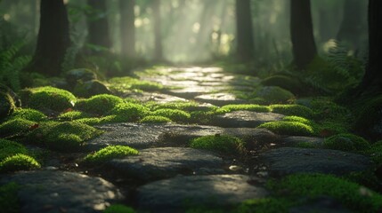 Obraz premium Sunlit stone path through mossy forest.