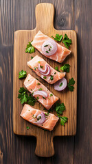Raw salmon fillets with red onion and parsley on wooden board, ready for cooking, overhead shot.