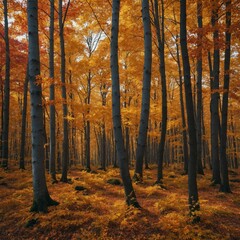 Fototapeta premium A vibrant autumn forest with golden and red leaves.