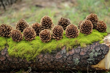 Pine cones arranged on moss-covered log.