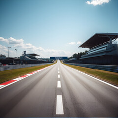 Straight stretch of road on a racetrack leading to the finish line, with the checkered flag waving in the distance, Racetrack Road, Final push to victory