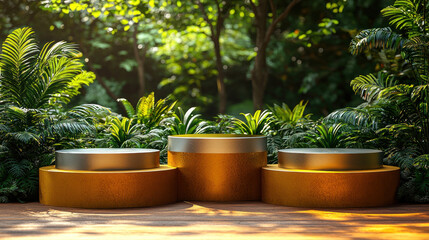Gold podiums on wood deck in lush jungle for product display