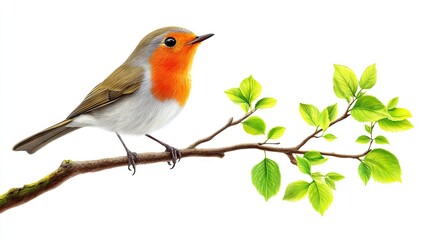 A detailed illustration of a robin perched on a branch with fresh green leaves.