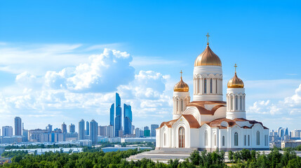 Obraz premium Golden-domed cathedral against modern city skyline under a bright summer sky; ideal for travel brochures or city guides.