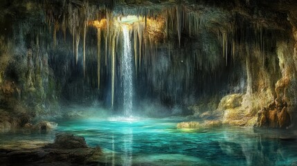 Magical underground cave with waterfall and pool.