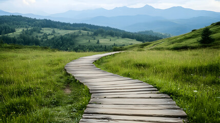 Winding wooden path through grassy meadow, mountain backdrop; idyllic nature scene, perfect for travel brochures.