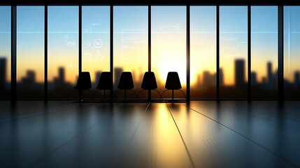 Fototapeta premium Modern Office Interior with Chairs and Beautiful Sunset View