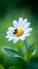 Fototapeta premium Bee pollinating daisy in garden, blurred green background. Ideal for nature, spring, and floral themes.