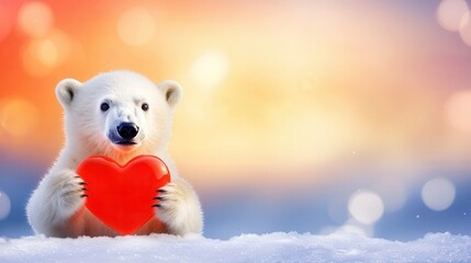 Valetine, Animal, Love. A polar bear holds a red heart in a snowy, colorful background.