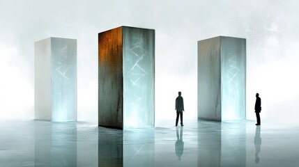 Fototapeta premium Abstract Exploration of Monoliths with Human Silhouettes in Fog