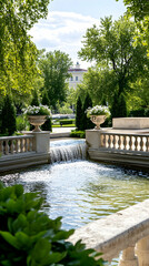 Serene park fountain cascading water, lush greenery, building background; ideal for relaxation, travel brochures.