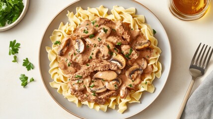 Creamy pasta dish with meat and herbs on white plate with fork and drink on side