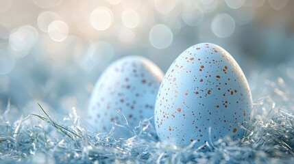 Two speckled blue eggs on soft, textured background.