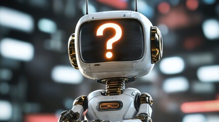 Close-up of cartoon-style robot face with glowing question mark against blurred background