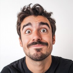A European man with one eyebrow raised and a smirk, showing skepticism, on a white background 