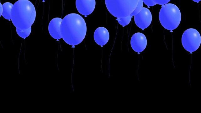 3D blue balloons floating up on transparent screen. alpha channel included.