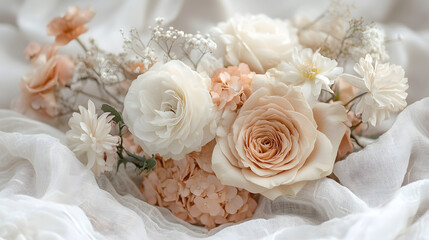 Obraz premium Beautiful bouquet of white roses in a garden with soft petals, perfect for a wedding or celebration, symbolizing love, beauty, and romance