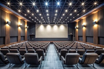 Naklejka premium A large auditorium with rows of chairs and a large screen