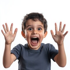 A Spanish boy with an open-mouthed laugh and hands thrown up, showing exaggerated excitement, on a white background 
