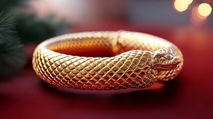 Fototapeta premium Snake concept. Golden serpent bracelet with intricate scales and a striking design on a festive background.