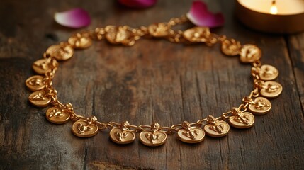 Obraz premium Gold necklace with cherub heart pendants rests on wood