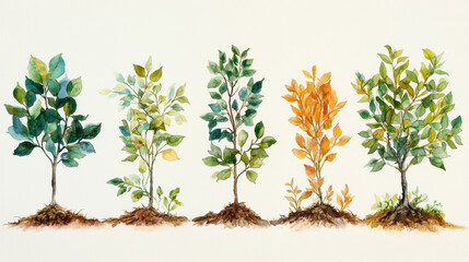 creative watercolor illustration of five trees in different colors and stages of growth, showcasing nature beauty